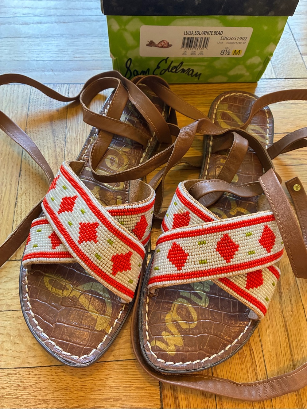Sam Edelman “Luisa” Brown Leather Sandals with Red and White Beading